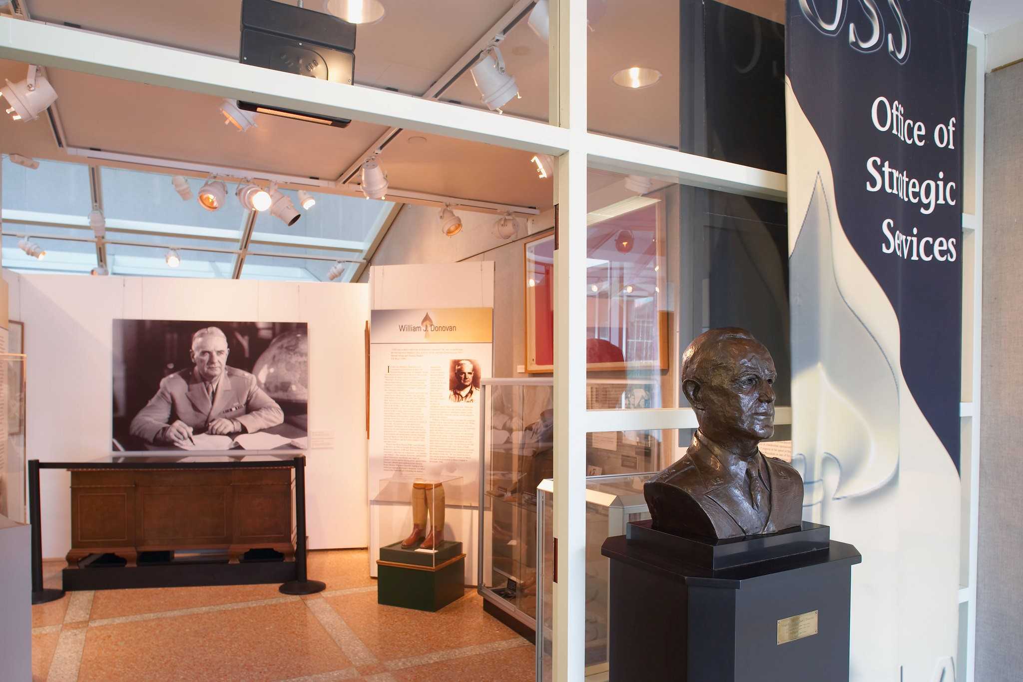 A bust of Maj. Gen. William J. Donovan alongside related artifacts.